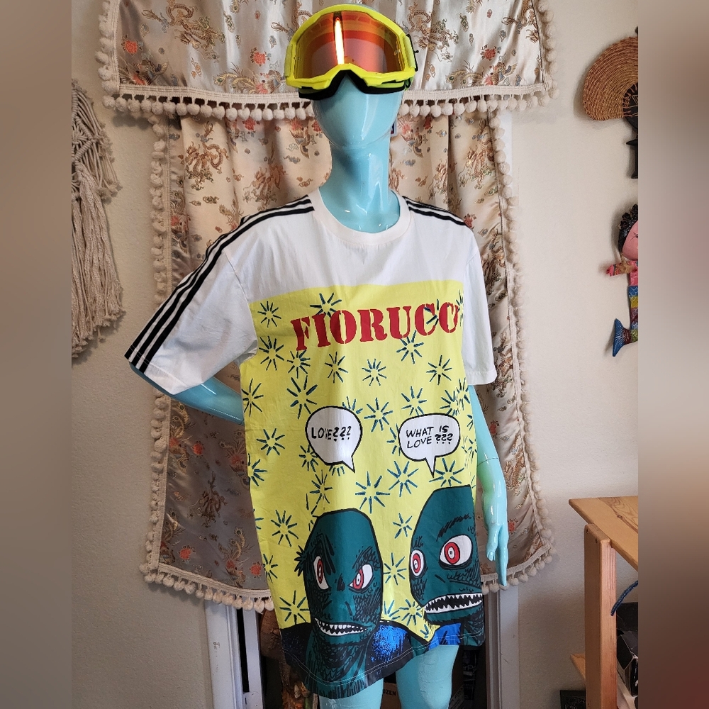 ADIDAS Fiorucci White Tee with Yellow and Green Alien Monster Accents